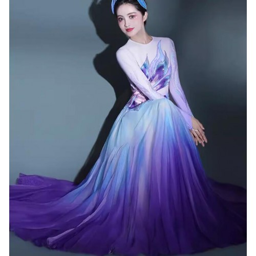 Women girls Purple gradient chinese folk Classical dance costumes fairy chinese princess dance hanfu modern dance wear atmospheric stage opening dance clothes